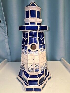 Vintage Pacific Rim Cobalt and White Mosaic Lighthouse Bird Feeder/Bird House